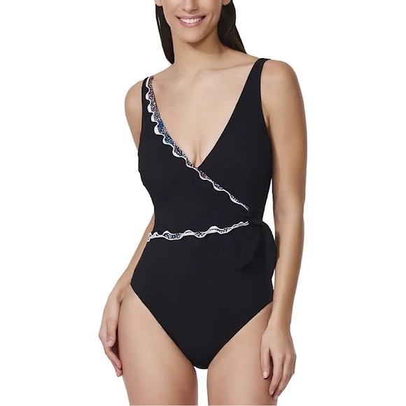 Profile by Gottex Layla V-Neck Surplice Knot One Piece Swimsuit Black 14 - Picture 1 of 5